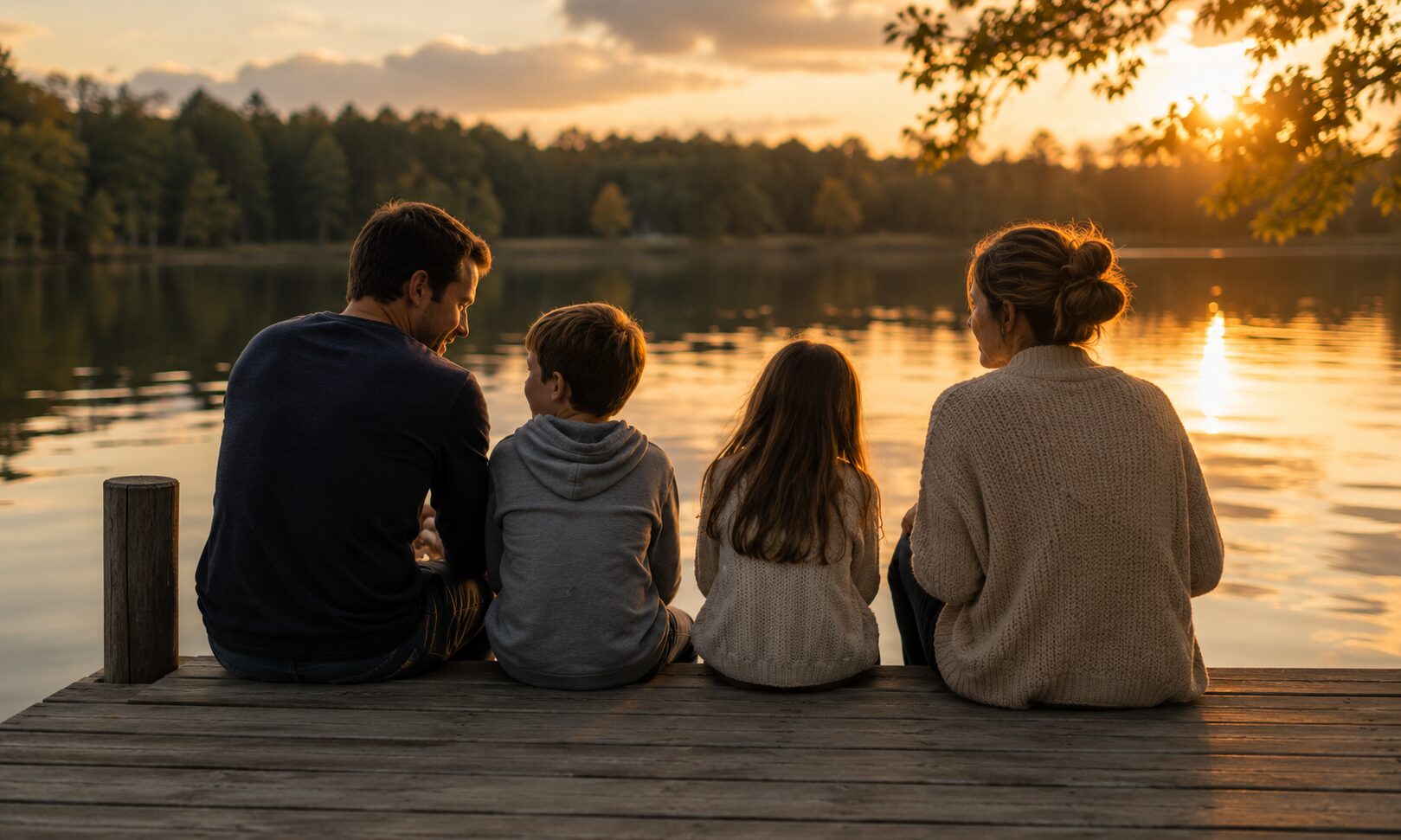 A family together at the lake at sunset