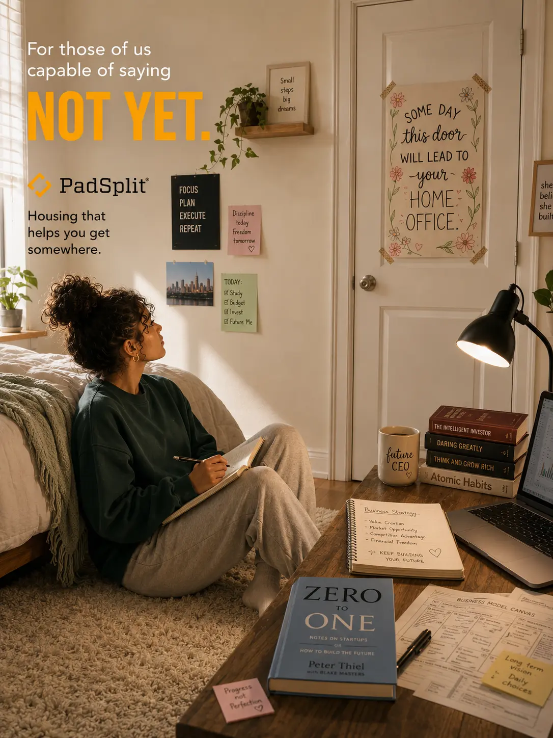Not Yet ad: a home office behind a door, the business still being built.