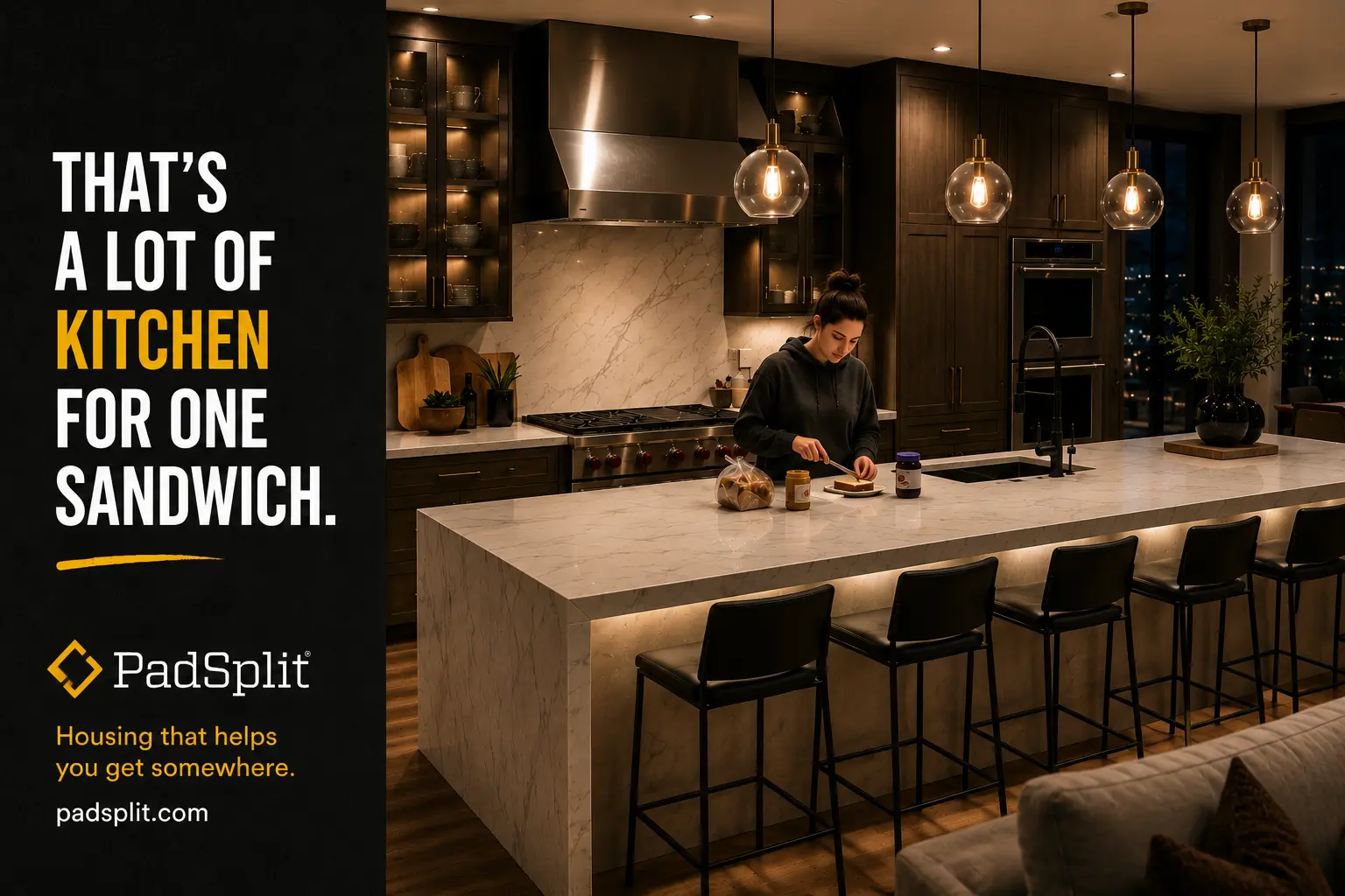 PadSplit ad: a chef kitchen for one sandwich.