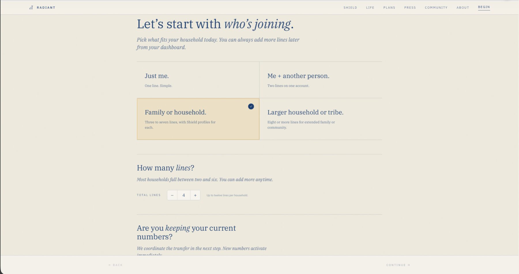 Radiant signup prototype, choosing who is joining the household