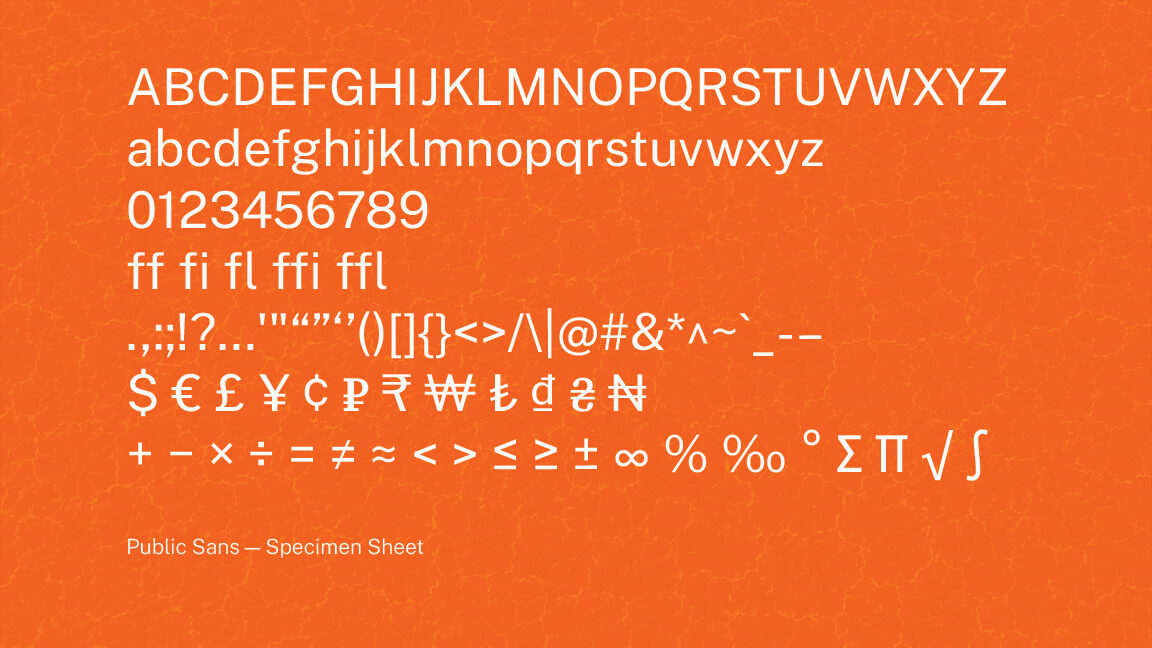 Complete character specimen of Public Sans in roman and italic: uppercase and lowercase, numerals, punctuation, mathematical and currency symbols, accented characters and ligatures.