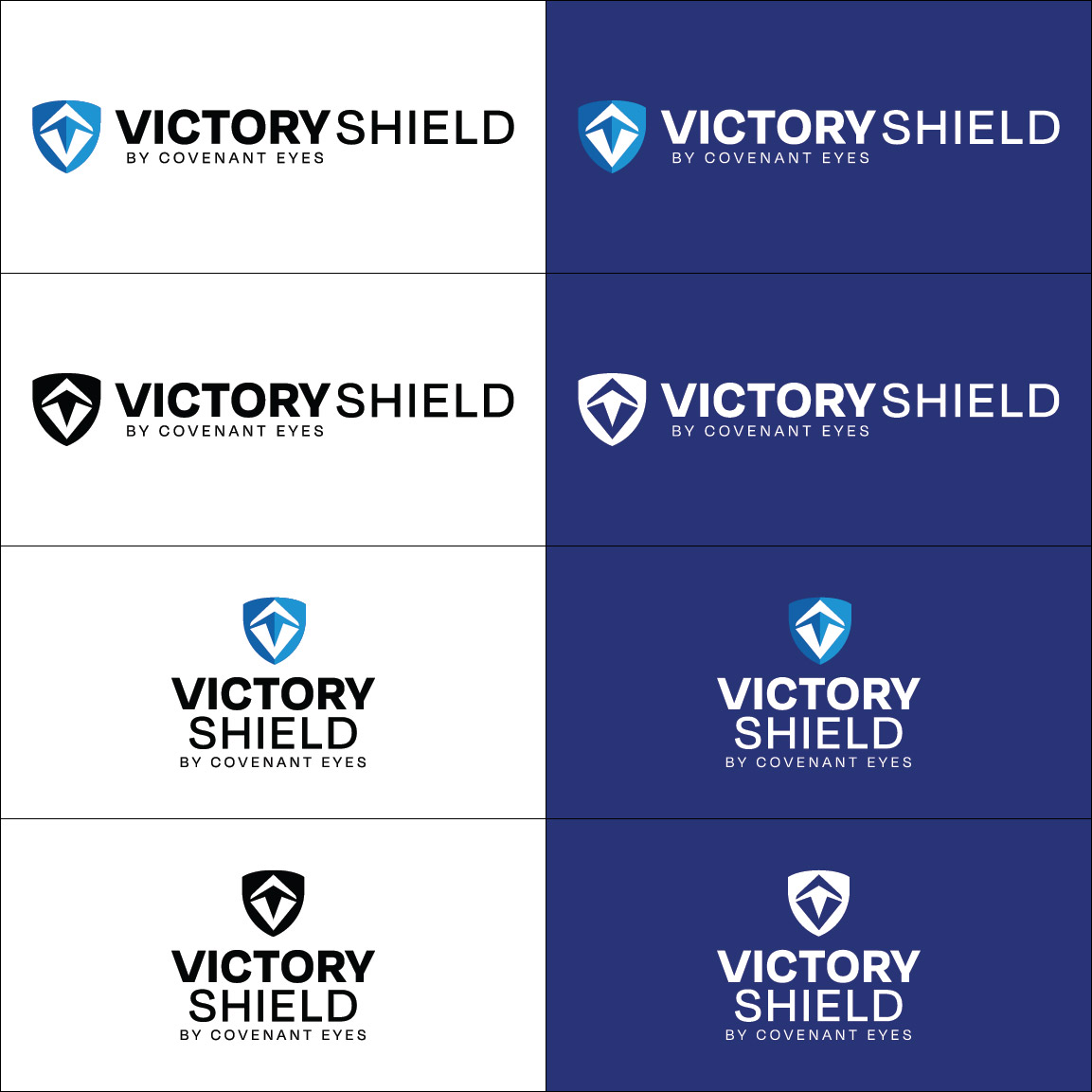 The complete Victory Shield identity family: primary logo, horizontal and vertical lockups, icon and wordmark on a neutral field.