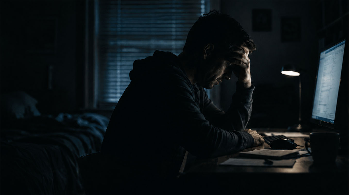 A man alone at night before a computer, head in his hand: the emotional state the category was built to sell.