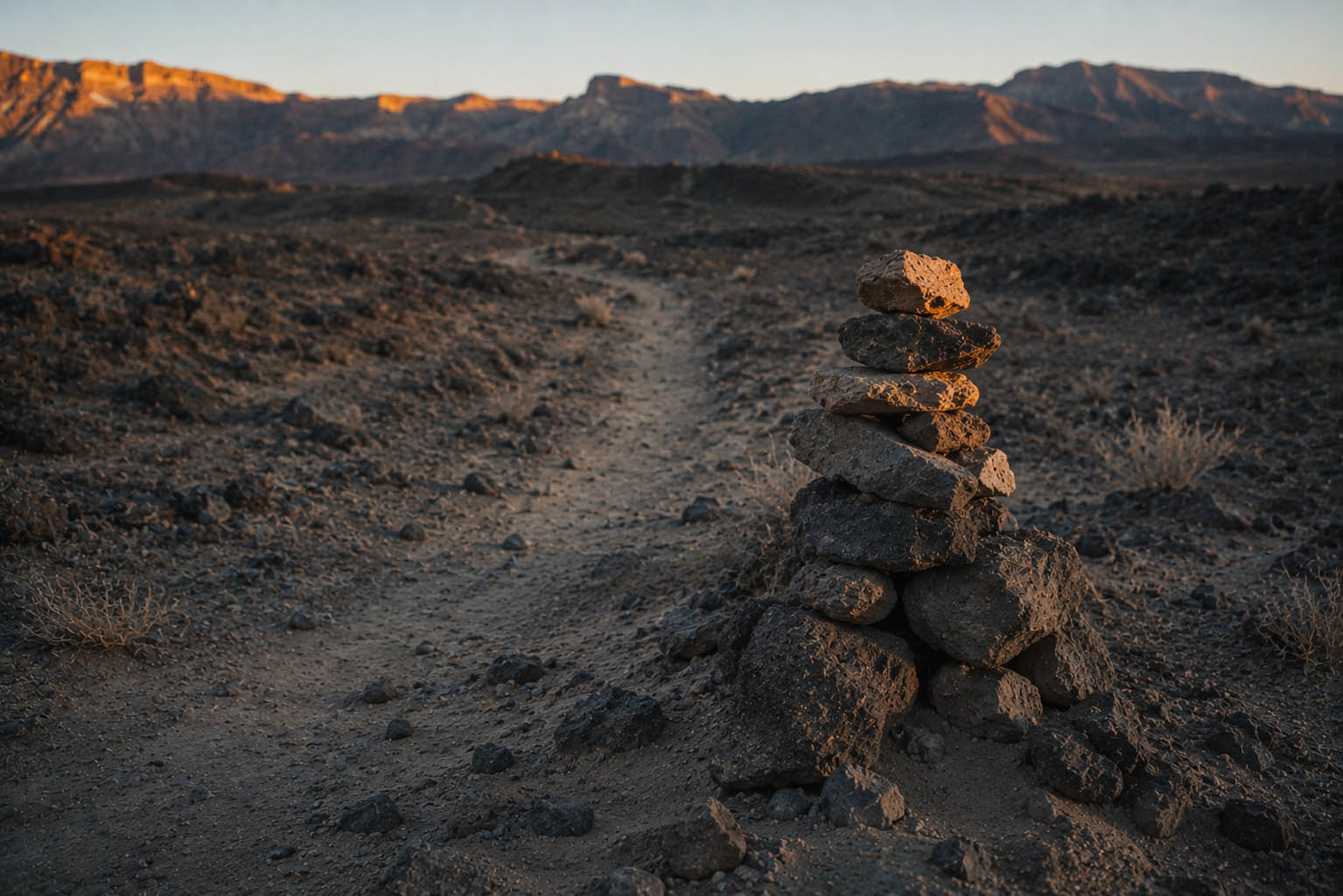 A stacked stone cairn left by earlier travelers