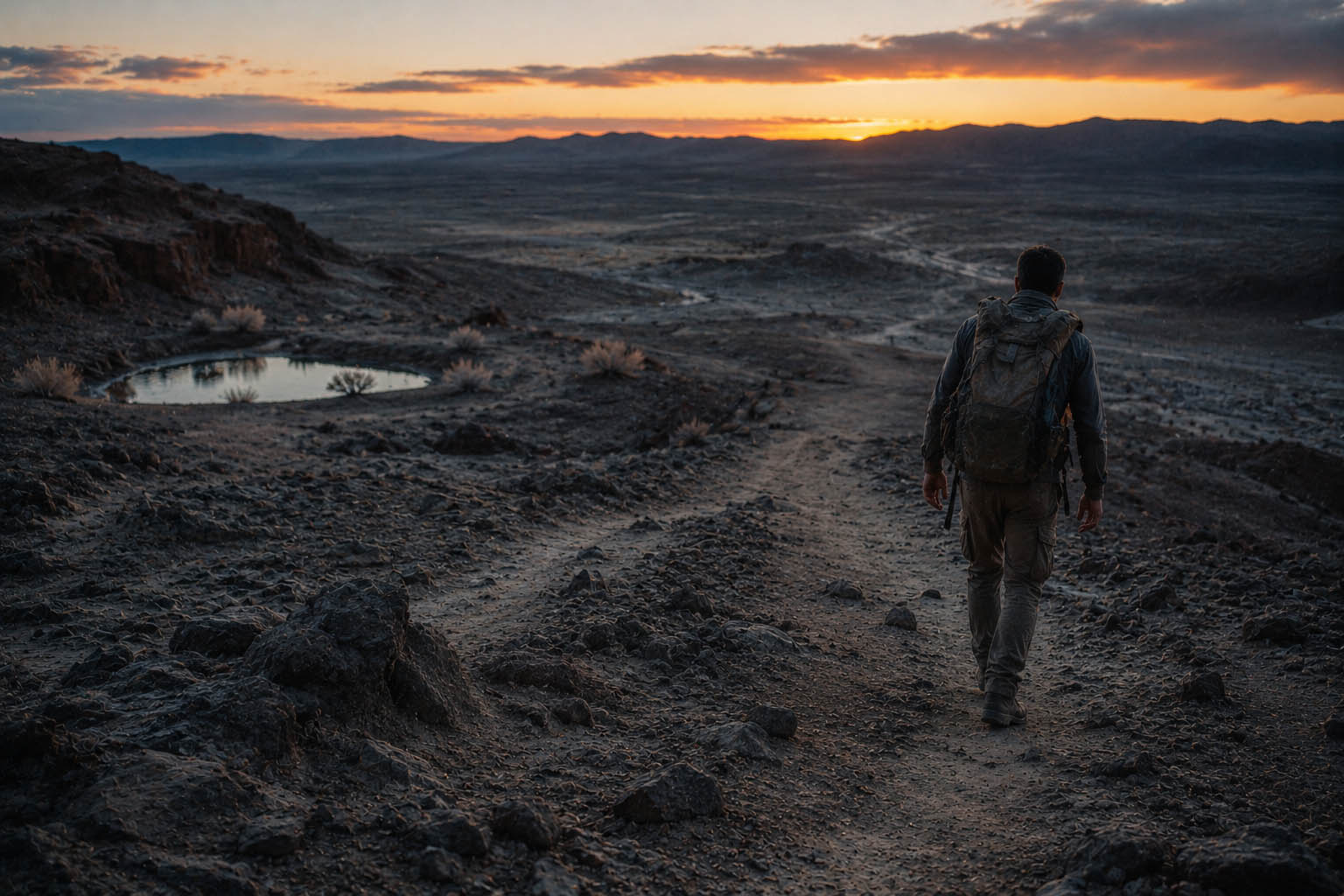 A man leaving the last water behind at the edge of a dry valley